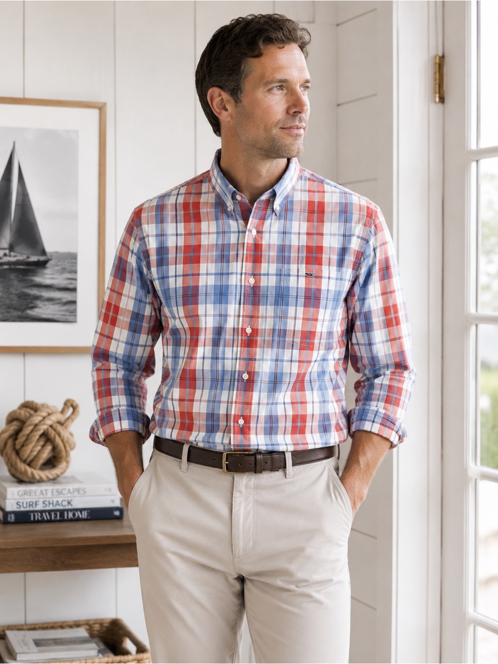 NWT Vineyard Vines Slim Fit Tucker Shirt Jetty Red Plaid Button Down Mens Medium - Picture 1 of 9